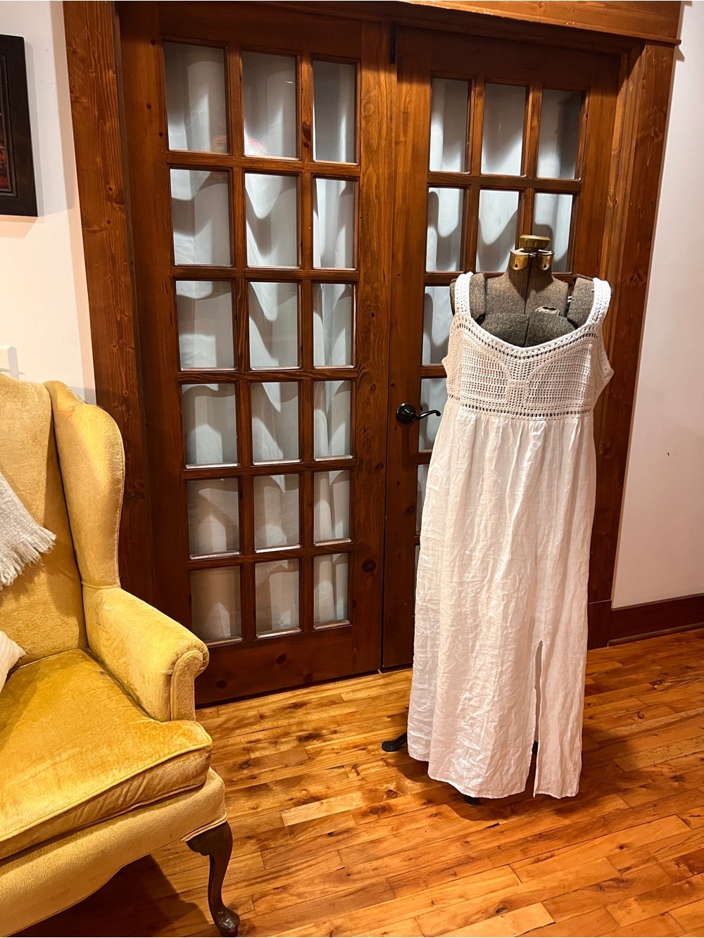 J. Crew White Crochet Bodice 100% Linen Maxi Dress Leg Slit Coastal